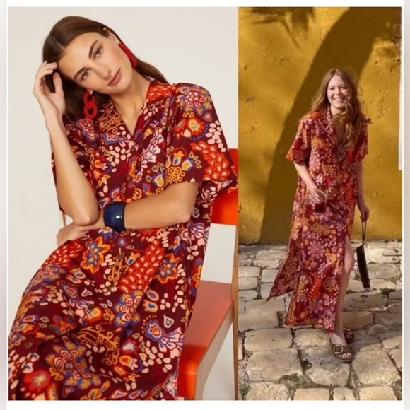 La DoubleJ Dress Bowling Floral Orange Relaxed Maxi Shirtdress Taranta Medium - Picture 12 of 16